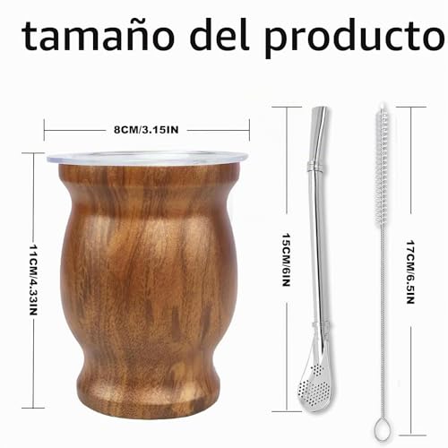 Miniatura 2 de Ruikcoll Taza De Mate, Juego De Tazas De Té Mate,Vaso Yerba Mate De Acero Inoxidable Con Pajita De Acero Inoxidable Y Cepillo De Limpieza, Para Café,Mate, Té De Frutas Veta De Madera