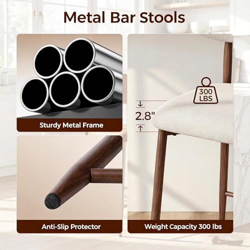 Image of AQO Counter Height Bar Stools Set of 2, Upholstered Counter Stools Modern Barstools with Metal Legs for Kitchen Island Dining Room, Walnut