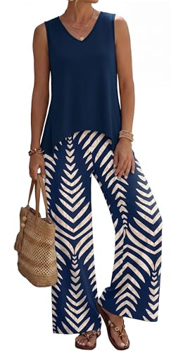 WIHOLL Two Piece Sets for Women Summer Outfits Spring Cruise Travel Airport Beach Vacation Clothes Trendy Lounge Sets Casual Resort Wear Matching Women Clothing Wide Leg Pants Set L