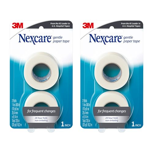 Nexcare Gentle Paper Tape, Medical Paper Tape, Secures Dressings and Lifts Away Gently, 1 in x 10 Yards, 2-Pack (4 Rolls)