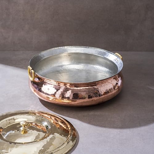 P-TAL Copper Braiser with Lid, Wide and Shallow Copper Cooking Pot 100% PureCopper Hammered Lagaan for Ayurvedic Health Benefits