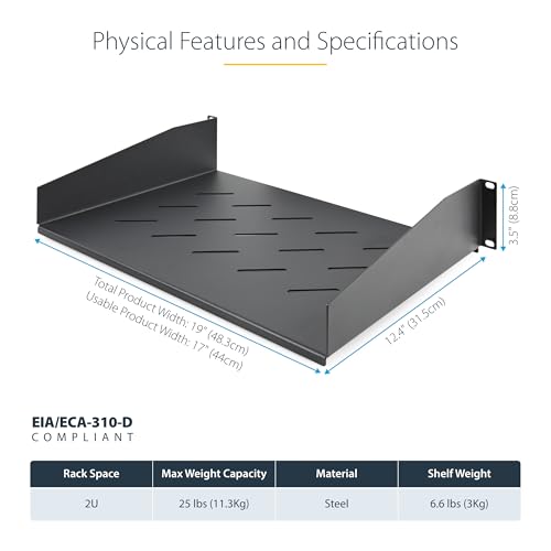 Image of StarTech.com 2U Rack Shelf, 12 inch Mounting Depth, Vented Cantilever Tray for 19 inch AV /Network Equipment, 25lb Capacity, for Small Office /Home Office