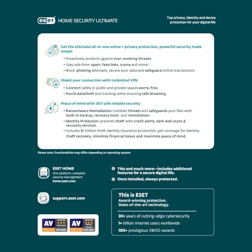Image of ESET Home Security Ultimate | Antivirus | Unlimited VPN | Identity Protection | 2025 Edition | 10 Devices | 1 Year| Password Manager | Privacy Protection | Ransomware | Digital Download [PC /Mac /Android]