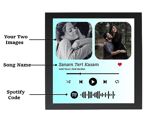 Image of Customized Spotify Song Wall Mount Barcode With Photo&Message Digital Print Wooden Rectangular Photo Frame For Birthday Gifts-Turquoise&White-8X8 Inch