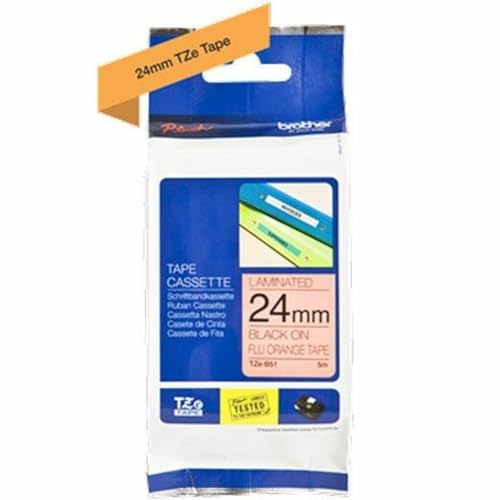 Brother TZe-B51 Labelling Tape Cassette, Black on Fluorescent Orange, 24 mm (W) x 5 m (L), Laminated, Brother Genuine Supplies