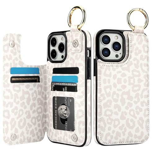 Image of HAOPINSH for iPhone 13 Pro Max Wallet Case with Card Holder, White Leopard Cheetah Print Back Flip Folio PU Leather Kickstand Card Slots Case, Finger Grip Ring Double Magnetic Clasp Shockproof 6.7 inch