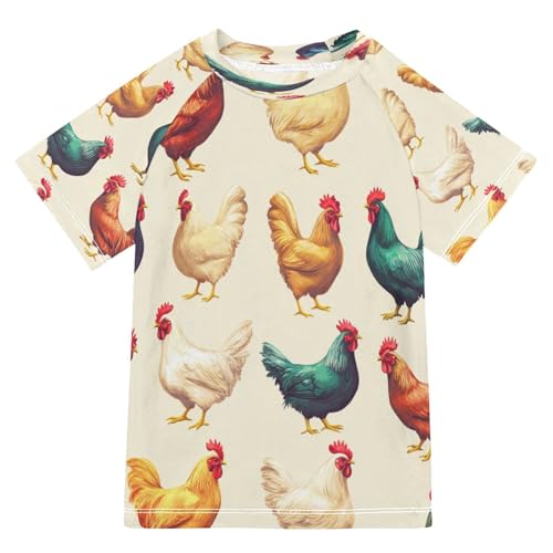 Boys Short Sleeve T-Shirts Chicken Rooster Real Rashguard Kids Swim Shirts Sun UPF 50+