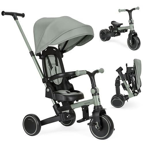 KikkaBoo Tricycle 8 en 1 ALUMA, Poussette évolutive Pliable, Assise réversible, Capuche réglable, Cadre en Aluminium, Ceinture 5 Points, vélo Enfants 1-5 Ans, Vert