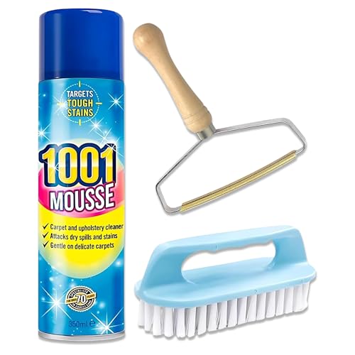 Carpet & Upholstery Cleaner for Home, Cars & Pets – 1001 Mousse Foam Cleaner 350ml with Brush & Lint Remover | Carpet Cleaner Foam & Fabric Cleaner Upholstery Solution