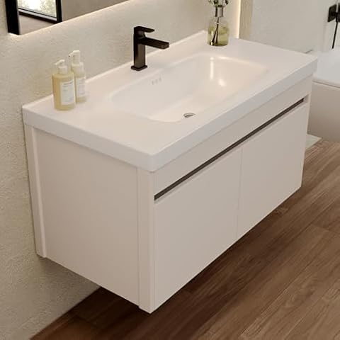 32" Modern White Wall Mounted Bathroom Vanity with Ceramic Sink Combo - Multi-Layer Solid Wood Board Construction, Soft-Close Doorsn.Pre-Installation. Cover
