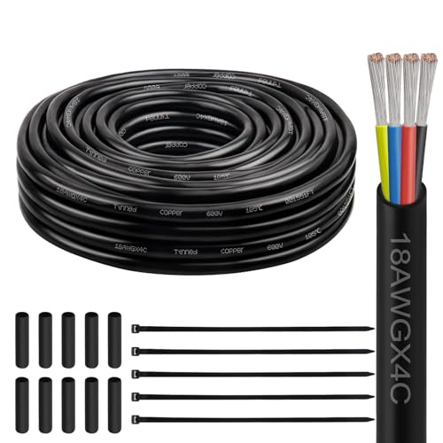 Image of 18 Gauge 4 Conductor Electrical Wire, 18 AWG Tinned Copper Stranded PVC Cable, Waterproof /Flexible /Low Voltage Extension Cord for Automotive, Marine, Solar, LED Lighting (25FT)