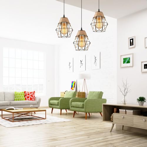 Image of 3 Pack Industrial Hemp Rope Pendant Lamp Shade, Small Vintage Boho Hanging Light Shades, Mini Rustic Metal Cage Lampshade for E27 Chandelier Wall Sconces Ceiling Hanging Pendant Light Fixture
