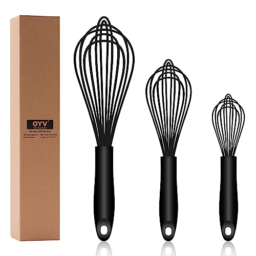 Dishwasher Safe Silicone Whisk, Sealed Waterproof Design Set of 3, Professional Kitchen Whisks for Cooking Non-Scratch, Silicone & Stainless Steel Whisk, Heat Resistant Balloon Egg Beater, Black