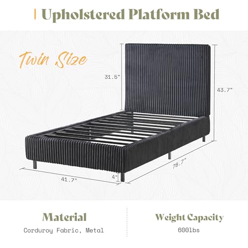 Image of AMERLIFE Twin Bed Frame, Upholstered Metal Platform Bed with Vertical Channel Tufted Headboard, Soft Fabric & Strong Metal Slats, Noise-Free /Easy Assembly, Black Twin Metal Bed and Headboard