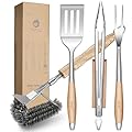 TIVOLI Grill Set 4PC BBQ Tools set Grill Accessories with BBQ Spatula, BBQ Clips, Brushes, BBQ Forks Heavy Duty Grill Kit Grill Tools for Outdoor Grill with Wood Handles Gift Ideas for Dad Man