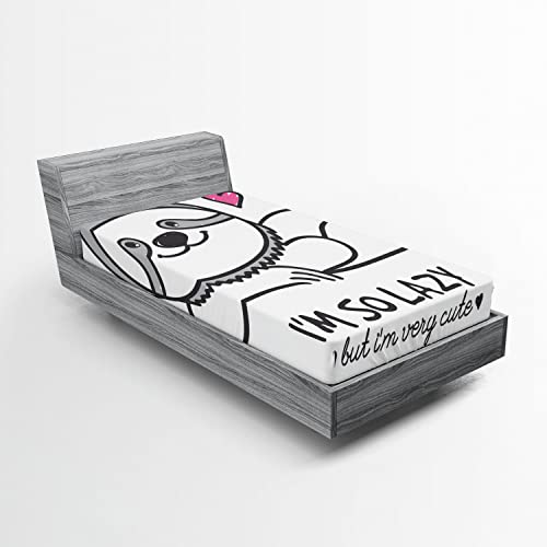 Ambesonne Sloth 2 Pack Fitted Sheet, Cartoon Funny Words, Bed Cover All-Round Elastic Deep Pockets 2 Pieces, Package Contains 2 Twin Size Fitted Sheets, Grey Pink