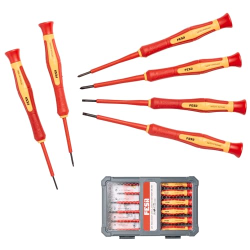 FESA Insulated Precision Screwdriver Set - 1000V 6-pc Terminal Screwdriver Set w/Magnetic S2 Tips - 2 Philips (PH00, PH0) & 4 Slotted (1.8mm, 2.0mm, 2.5mm, 3.0mm) Electrician Screwdriver Set w/Case