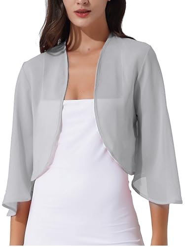 dPois Cardigan de Gasa Manga Larga para Mujer Bolero Chifón Abierto Frente Mujer Torera Manga Corta de Fiesta Boda Chaqueta Corta Verano Primavera Shrug T A Gris M