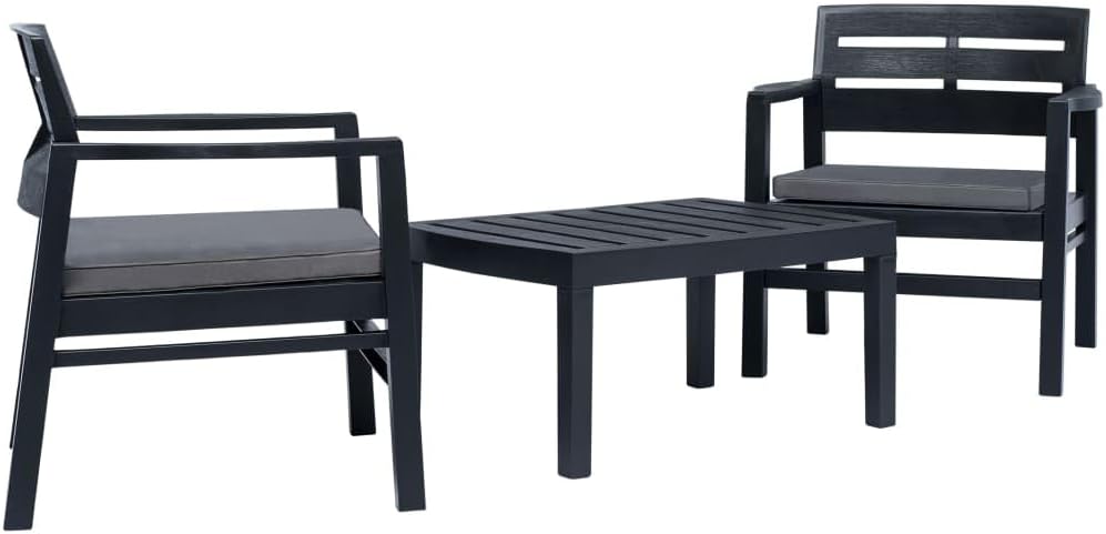 Anthracite 3-Piece Patio Lounge Set with Table and 2 Armchairs, Modern Outdoor Furniture for Balcony Garden or Terrace, Durable Weather-Resistant Plastic Construction