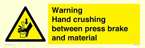 Warning Hand crushing between press brake and material Sign - 600x200mm - L62, Yellow/White