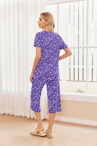 Image of Ekouaer 2 Pack: Women's Pajamas Set Short Sleeve Sleepwear Capri Pants Pjs Soft Loungewear with Pockets