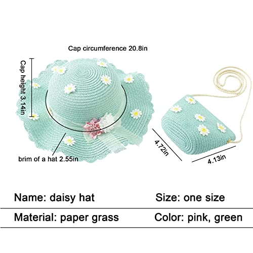 Toddler Baby Girls Kids Wide Brim Straw Sun Hat With Shoulder Bag Large Brim Flower Beach Summer Hat Straw Purse Beach Bag Cute Flower Summer Beach Cap Mint Green #TOP1