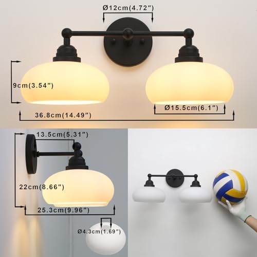 Image of Yosoan 2-Light Boho Vanity Wall Sconce with Milk White Shade, Indoor Mordern Hardwired Vintage Industrial Wall Mounted Brass Single Wall Light for Bedroom Living Room Stairwell Hallway(Black)