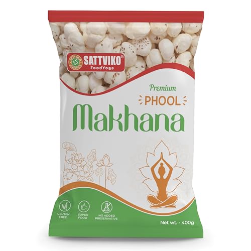 Image of Sattviko Premium Raw Plain Phool Makhana | Fox Nuts | Healthy Crunchy Snack | Gluten-Free, Protein-Rich, Low-Calorie Superfood | Ideal for Fasting & Guilt-Free Snacking (400 gm - Pack of 1)