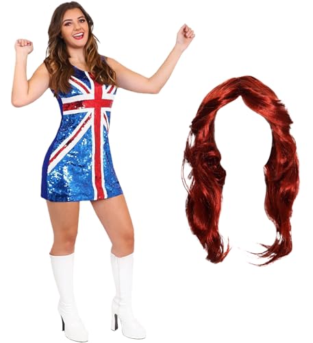 GINGER SPICE VESTIDO UNION JACK CON LENTEJUELAS - DISFRACES DE SPICE GIRLS DE LAS 90 - VESTIDO UNION JACK + PELUCA DE PELIRROJO DISFRAZ PARA ÍCONOS DE LA MÚSICA, & EVENTOS BRITPOP (X-GRANDE)
