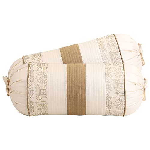 Image of Gifts Island Combo Silk Traditional Striped & Rajasthani Warli Golden Hand Printed Pillow Cushion Covers 16x16 inches Set of 5 & Round Pillow Bolster Covers Set of 2 16x32 inches (Beige)