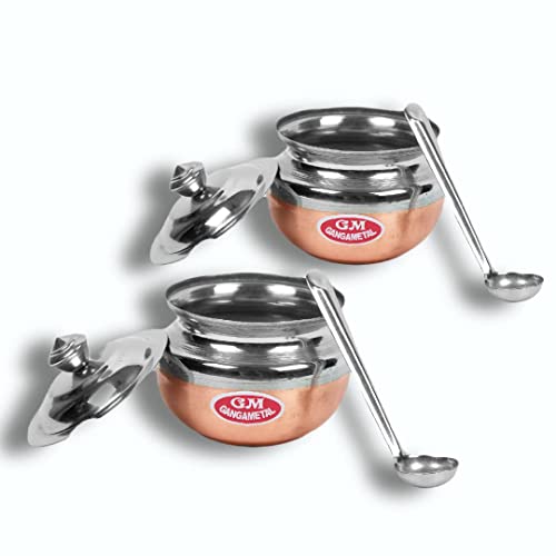 Image of Ghee Container With Spoon Oil Dispenser | Ghee Pot Steel, Ghie Dispenser | Salt Container With Spoon | Steel Oil Pot 300ml Silver Pack of 2 (Pack Of 2, Coper Base)