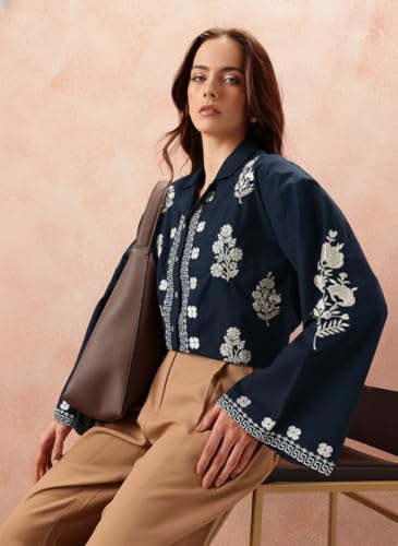 Image of Bee M Pee Designer Women's Embroidered Korean Crop Shirt | Full Bell Sleeves Western Tops for Woman Stylish | Oversized Formal /Casual /Office Wear Cotton Shirts Top for Women