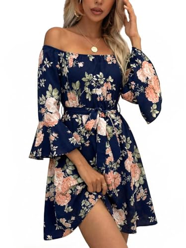 Image of Off Shoulder Ruffle Dress for Women, A-Line Mini Dress with Belt, Fitted Bust Summer Wedding Guest Dress