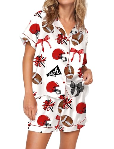 Image of SHESHOW Pajamas for Women Set Satin Button Down Short Sleeve Top and Shorts Pjs Sets Sport Ball Print Sleepwear XS-XXL