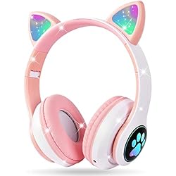 Auriculares Con Luces Led Y Orejas De Gato AXFEE Auriculares Inalámbricos para Niños, Auriculares con Orejas de Gato con Luz Led, Auriculares Plegables para Niños con Micrófono, para Móvil/Tableta, Regalo de Cumpleaños/Navidad(Rosado)