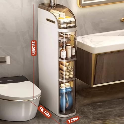 Lozovin 4-Tiers Narrow Bathroom Floor Storage Cabinet 7.1″ Plastic Drawers Organizer with Tissue Box and Wheels Slim Waterproof Bathroom Cabinet for Small Kitchen Laundry Living Room Toilet Gap