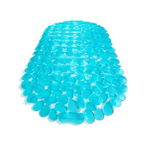 TIKE SMART “Pebbles” Non-Slip Bathtub & Shower Mat 27”x14” Oval - Non-Toxic - Safe, Clean, Machine-Washable, Superior Grip & Drainage, Vinyl, for Smooth Floors ONLY, Transparent Turquoise Cover