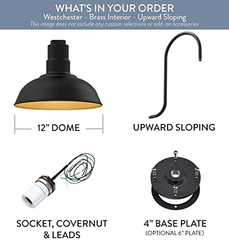 Steel Lighting Co. Westchester Barn Light | Outdoor Wall Mounted | 12 Inch Dome | Upslope Gooseneck| Warehouse Steel Light Made In America | Matte Black Exterior/Brass Interior #TOP5