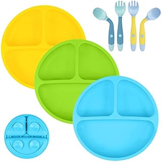 Vicloon Baby Suction Plate, 3Pcs Silicone Baby Suction Plates, Non Slip Silicone Baby Weaning Plate, Divided Dishes for Toddler Kids Self Feeding, Fits for Most Highchairs Trays