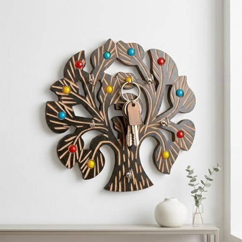 Image of Wooden Tree of Life Wall Key Holder with Colourful Beads, Decorative Hook Organiser