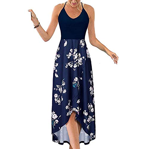 Zieglen Casual Dresses for Women Sleeveless Cotton Summer Beach Dress A Line Spaghetti Strap Sundresses with Pockets Navy