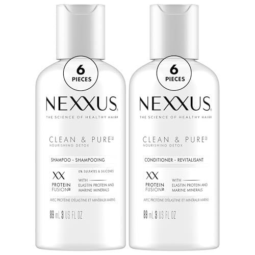 Nexxus Clean & Pure Shampoo and Conditioner, Travel-Size (6 Sets, 12 Bottles), Elastin Protein & Marine Minerals Purify & Detox, 3 Oz Ea