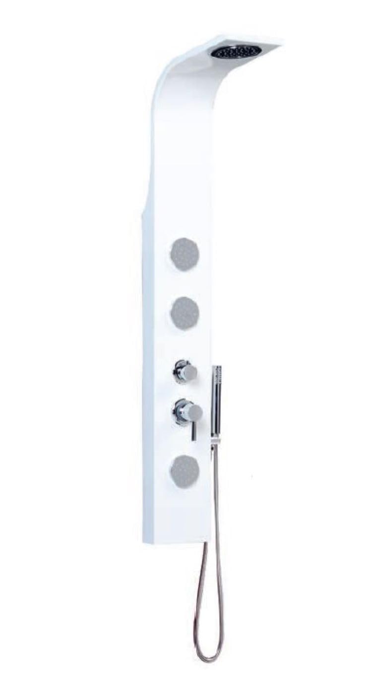Sistema de ducha SNOW con columna de hidromasaje. Disfruta de una experiencia de spa en casa con 2 jets de masaje, ducha de mano cromada. Acabado en blanco, ideal para cualquier baño contemporáneo