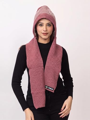 Image of AMOLDO Women's Winter Woolen Soft Warm Knitted Designer Muffler Beanie Cap with Fur | Fleece Printed Woolen Hat with Attached Scarf for Cold Weather