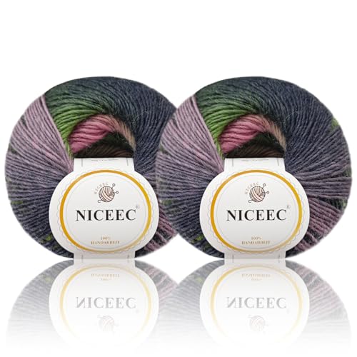 Image of NICEEC 2 Skeins Rainbow Soft Yarn 100% Wool Gradient Multi Color Yarn for Crocheting Knit Total Length 180mx2(196ydsx2,50gx2)-7#