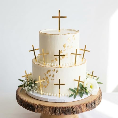 15 PCS Cross Baptism Cake Topper 2.76x3.94 Gold Acrylic First Communion Cake Decorations for Mi Bautizo Christian Cupcake Toppers