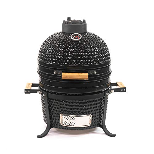 VESSILS 15 Inch Kamado Charcoal BBQ Grill Handle Style â€“ Heavy Duty Ceramic Barbecue Smoker and Roaster with Built-in Thermometer and Stainless Steel Grate