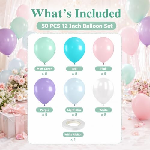 Image of Pastel Balloon, 50 Inch 12 Inch Mermaid Birthday Party Decorations with Pink Purple White Blue Teal Ballons fo Girls Mermaid Balloons Baby Shower Party Supplies