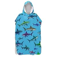 EOSDT Absorbent Surf Poncho Changing Robe for Adul Beach Hoodie Towel Swimming Watercolor Sharks Blue Sea Unisex Adult Poncho with Hood One Size