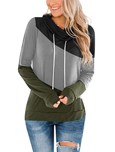Minthunter Women's Fall Casual Long Sleeve top Cowl Neck Color Block Tunic Drawstring Lightweight Shirt Grey-Olive